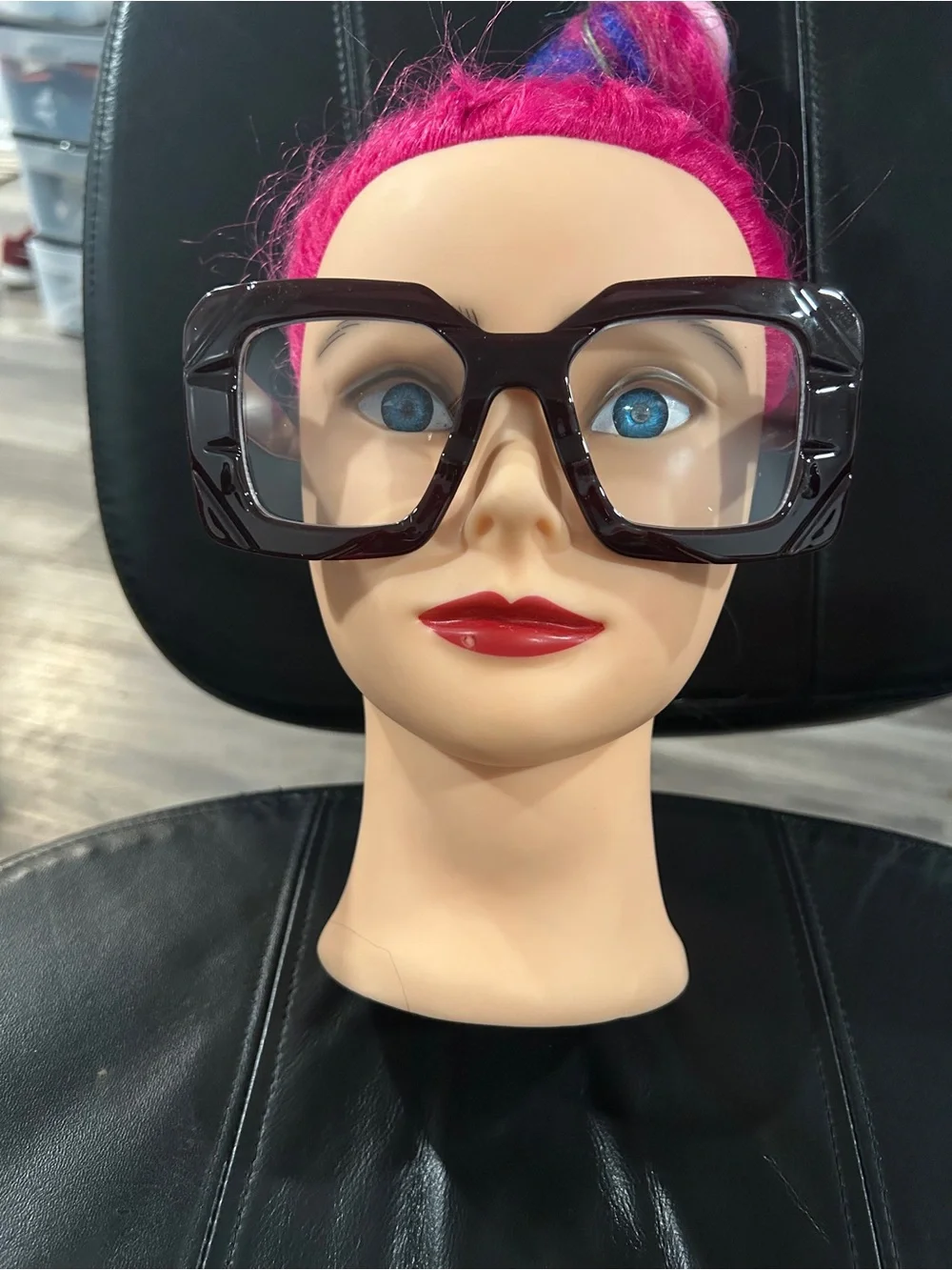 Oversized Square Frame Fashion Glasses - deep purple clear lens ready to wear.